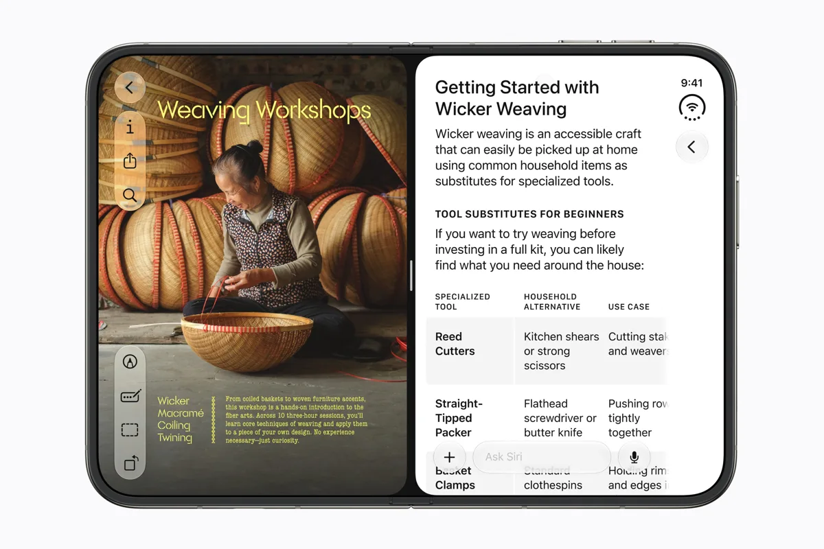 Twee apps naast elkaar op het binnenscherm van de iPhone Duo.