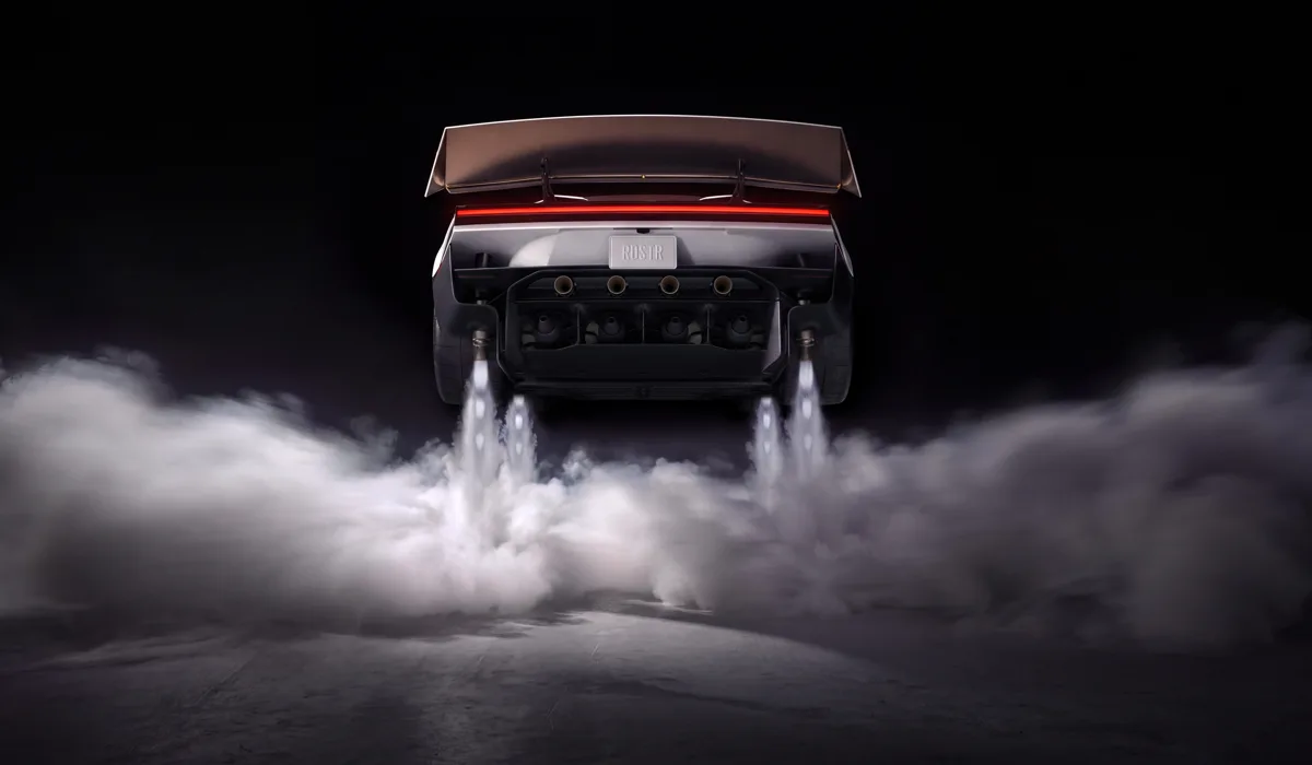 Achteraanzicht van de Roadster met werkende koudgasstuwers.